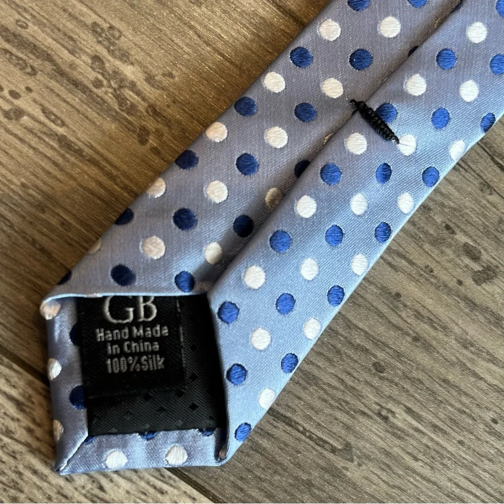 Geoffrey Beene Men’s Neck Tie Polka Dot Print Blue Silk Workwear Dressy Formal